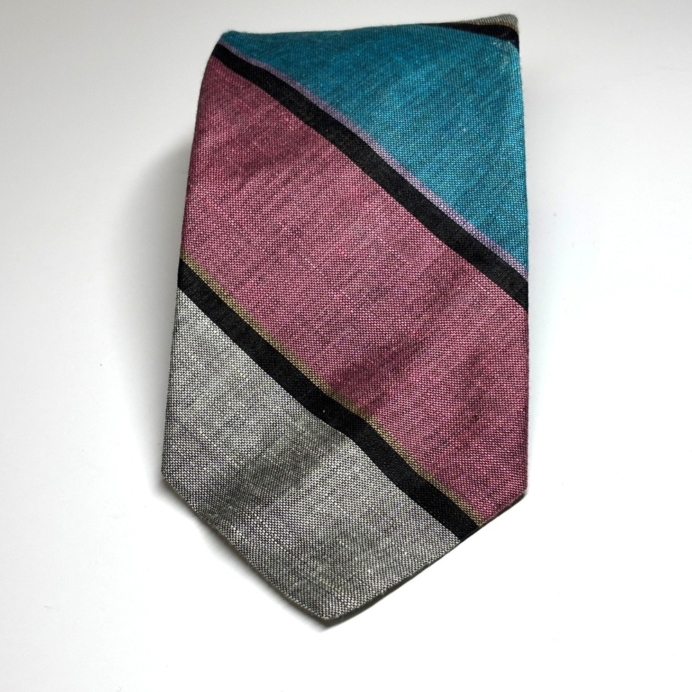 Vtg Carriage Cravats Tie Mens OS Teal Burgundy Grey Cotton Linen Geometric Retro